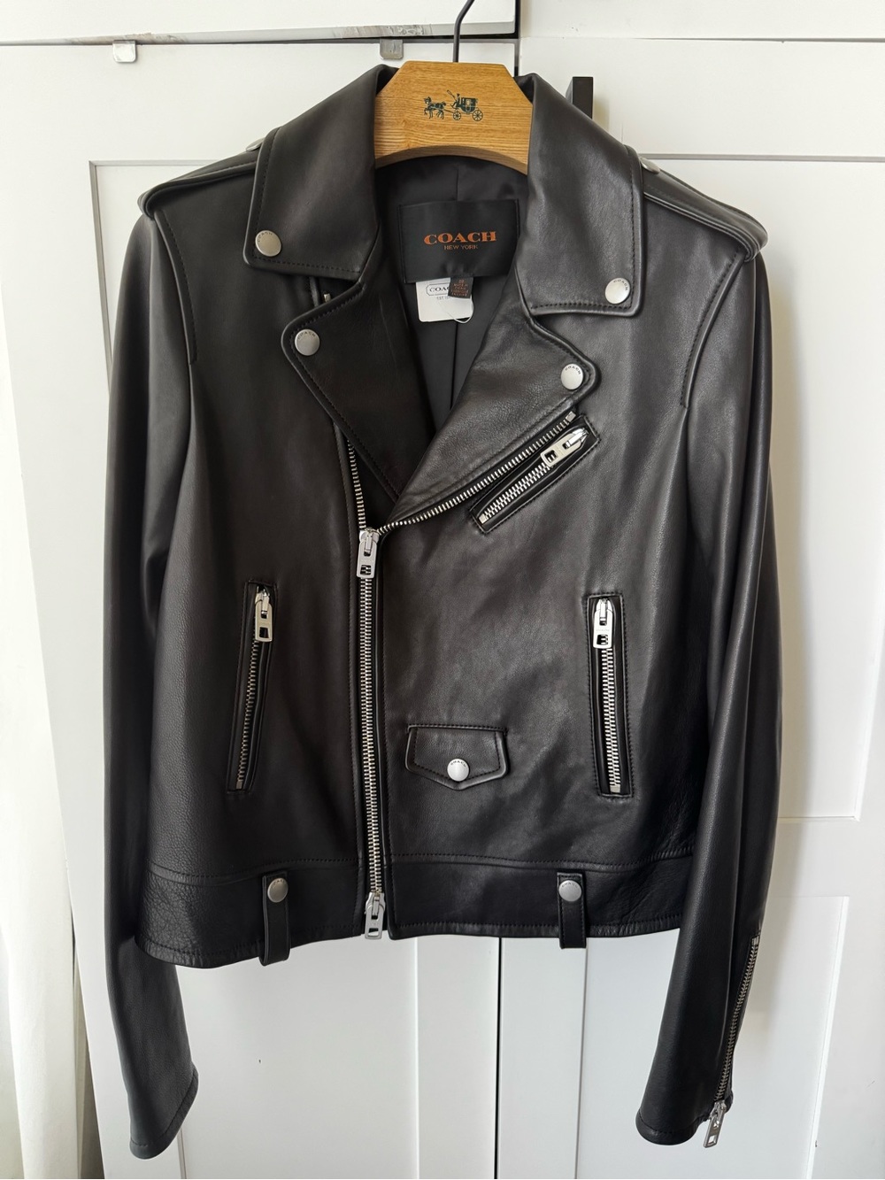 NWT Coach Black Leather Moto Jacket with brushed silver hardware - size 6